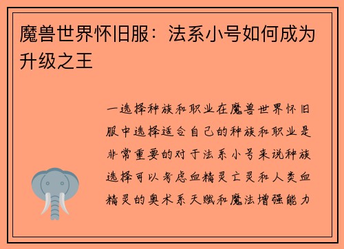 魔兽世界怀旧服：法系小号如何成为升级之王