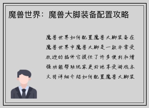 魔兽世界：魔兽大脚装备配置攻略