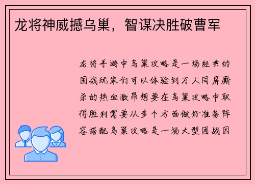 龙将神威撼乌巢，智谋决胜破曹军